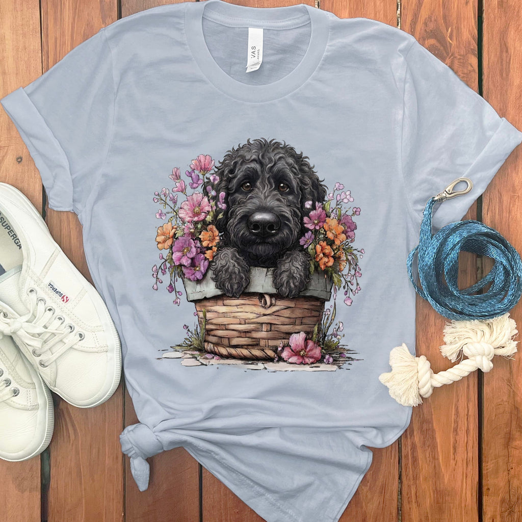 Black Doodle Floral Basket T-Shirt in Light Blue / M by Puppy Jo