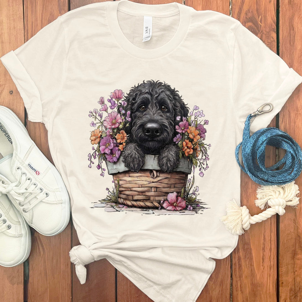 Black Doodle Floral Basket T-Shirt in Natural / M by Puppy Jo