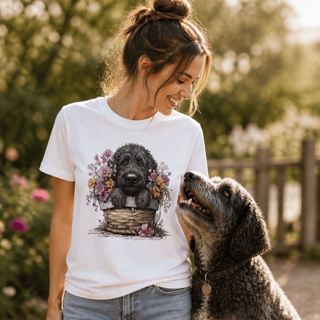 Black Doodle Floral Basket T-Shirt in by Puppy Jo