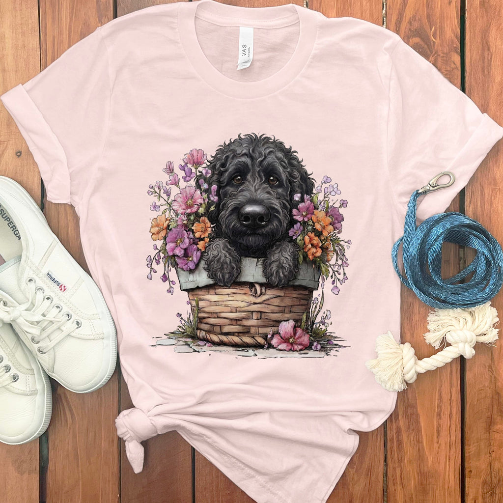Black Doodle Floral Basket T-Shirt in Soft Pink / M by Puppy Jo