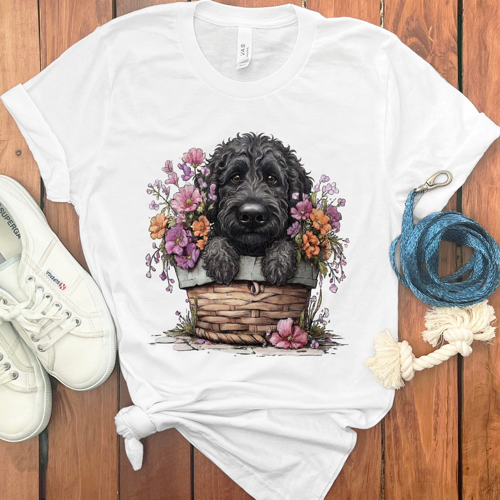 Black Doodle Floral Basket T-Shirt in White / M by Puppy Jo