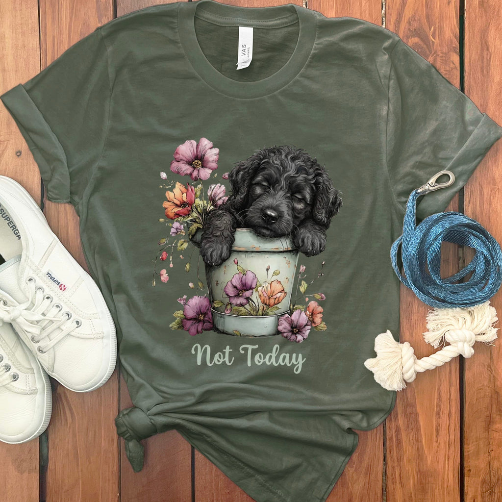 Black Doodle Flower Pot T-Shirt in Military Green / S by Puppy Jo