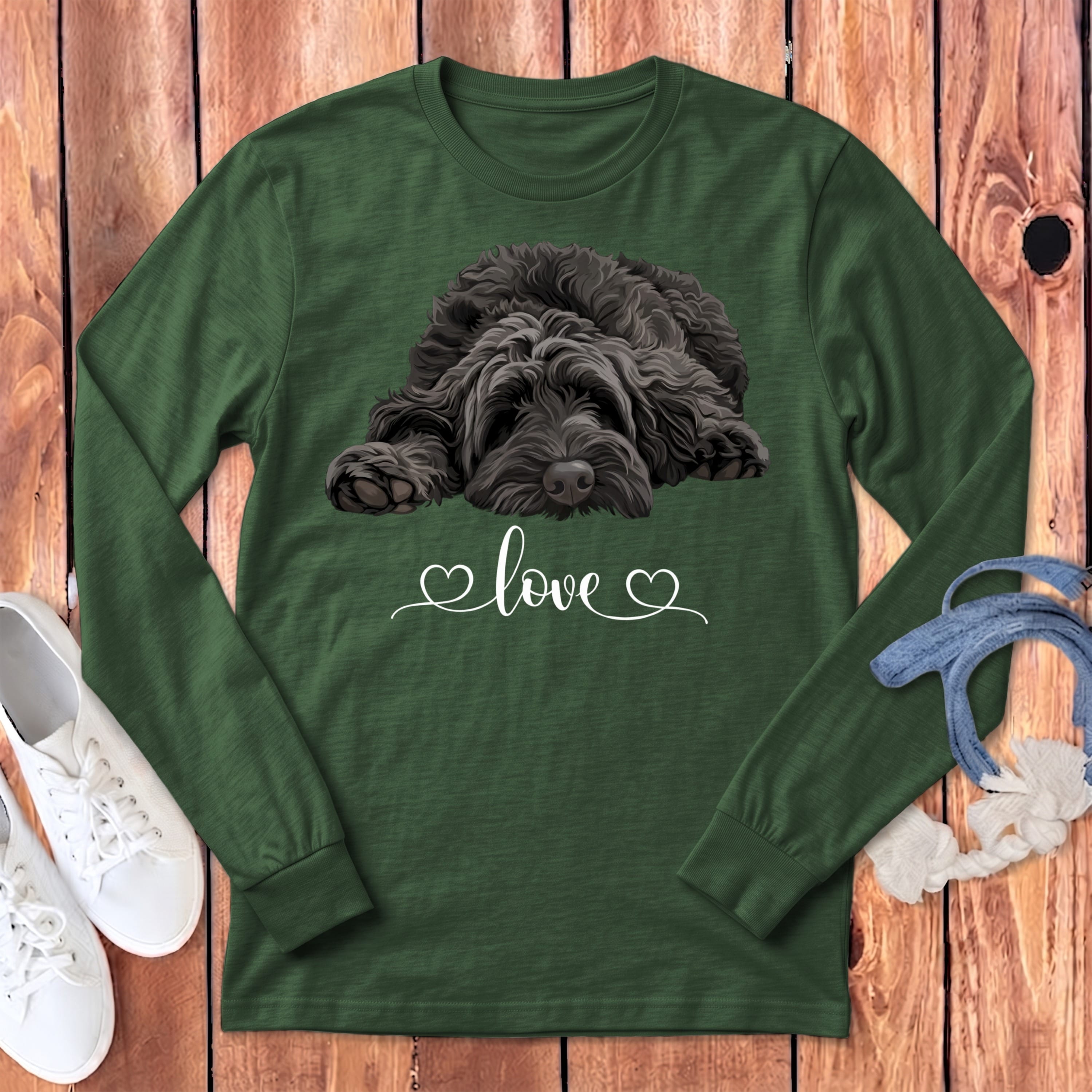 Black Doodle Heart Long Sleeve T-Shirt in Heather Forest / S by Puppy Jo
