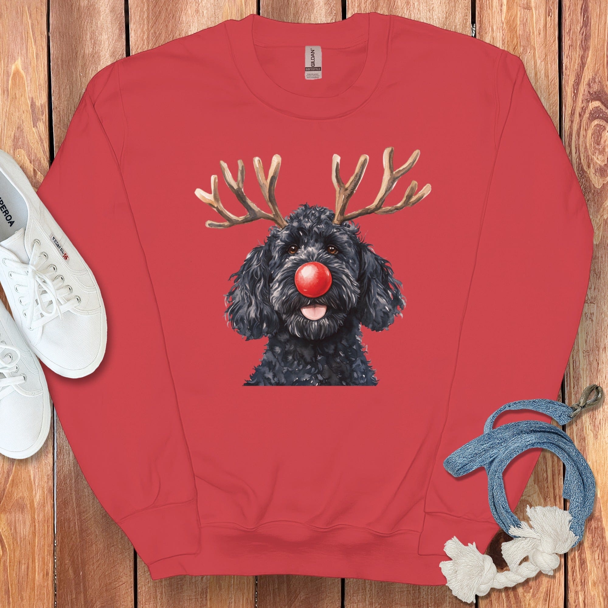 Black Doodle Holiday Sweatshirt in Red / S by Puppy Jo
