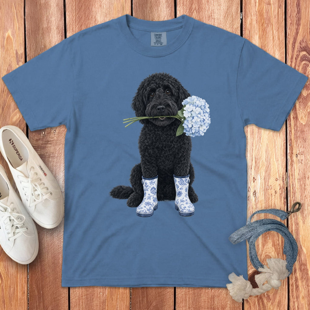Black Doodle Hydrangea Signature T-Shirt in Blue Jean / S by Puppy Jo