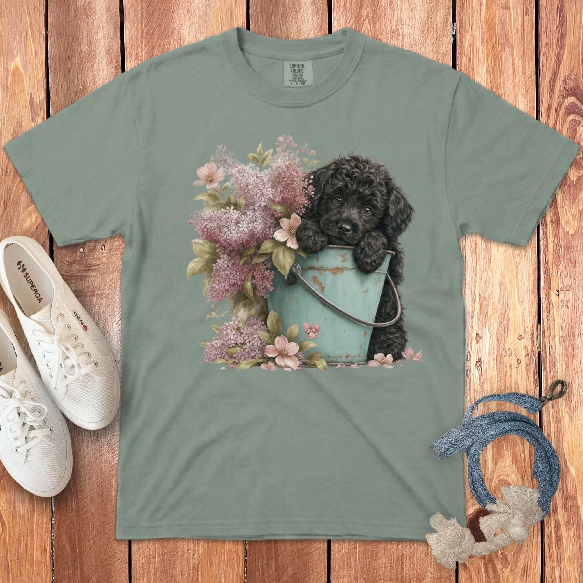 Black Doodle Lilacs Signature T-Shirt in Bay / S by Puppy Jo