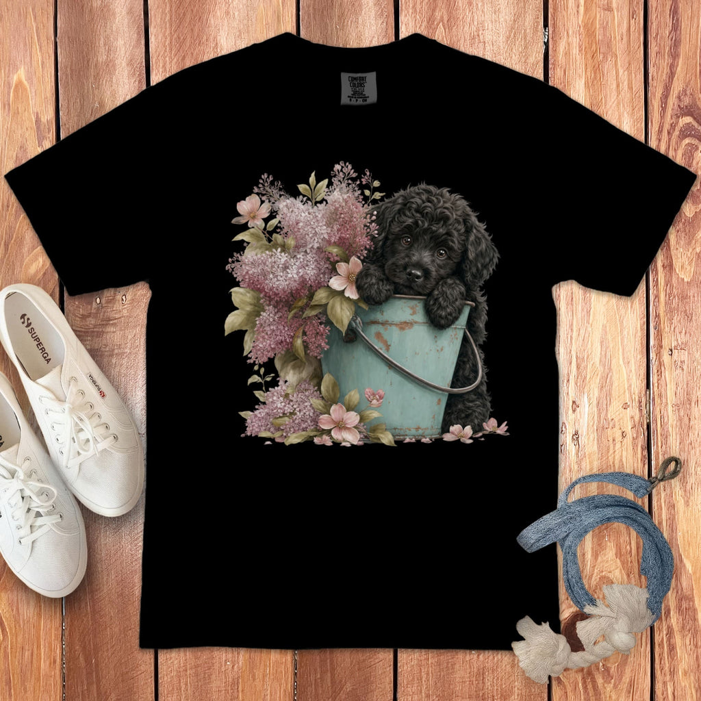 Black Doodle Lilacs Signature T-Shirt in Black / S by Puppy Jo