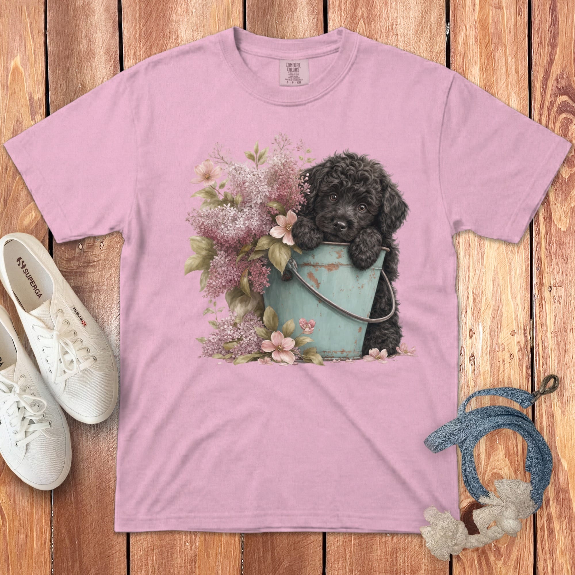 Black Doodle Lilacs Signature T-Shirt in Blossom / S by Puppy Jo