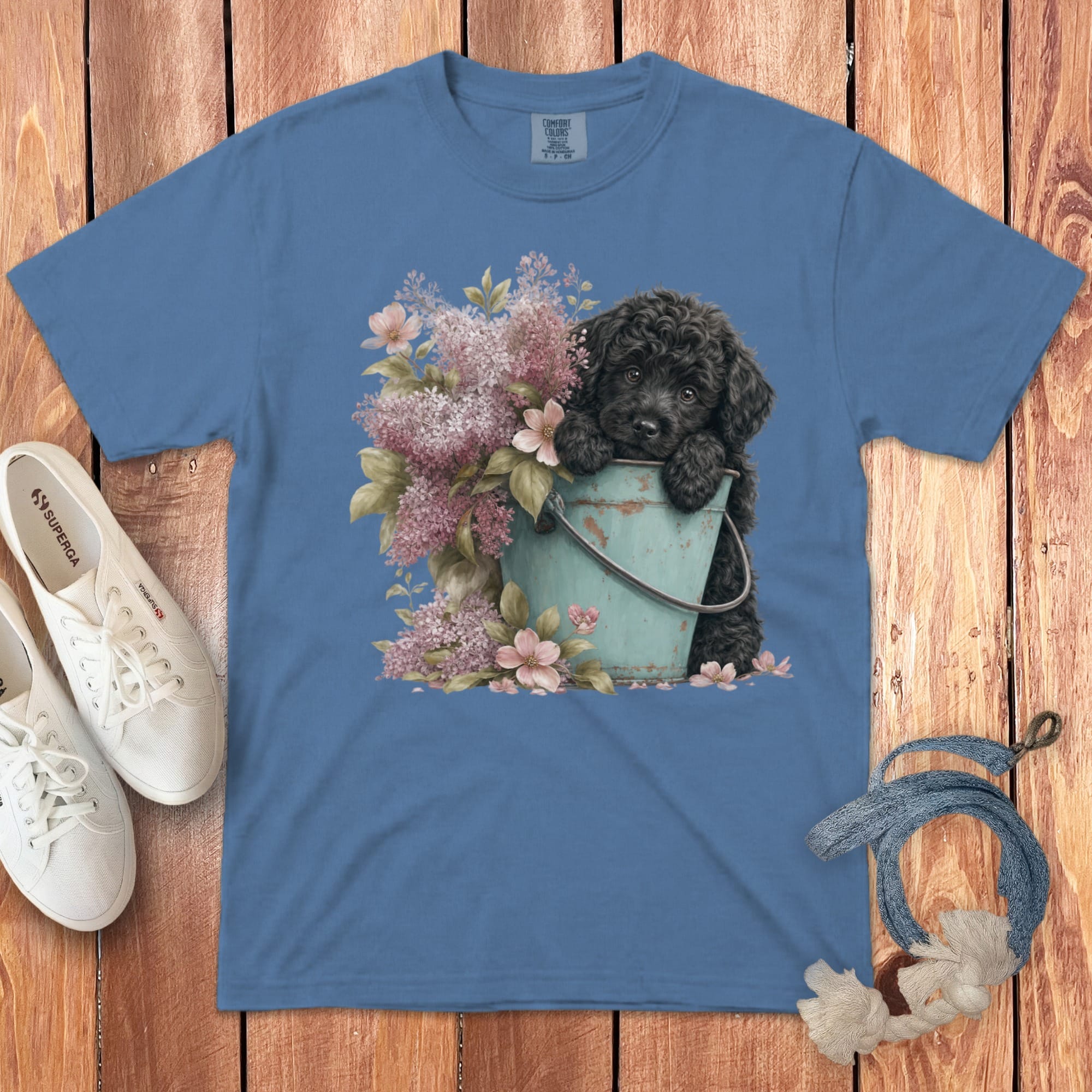 Black Doodle Lilacs Signature T-Shirt in Blue Jean / S by Puppy Jo