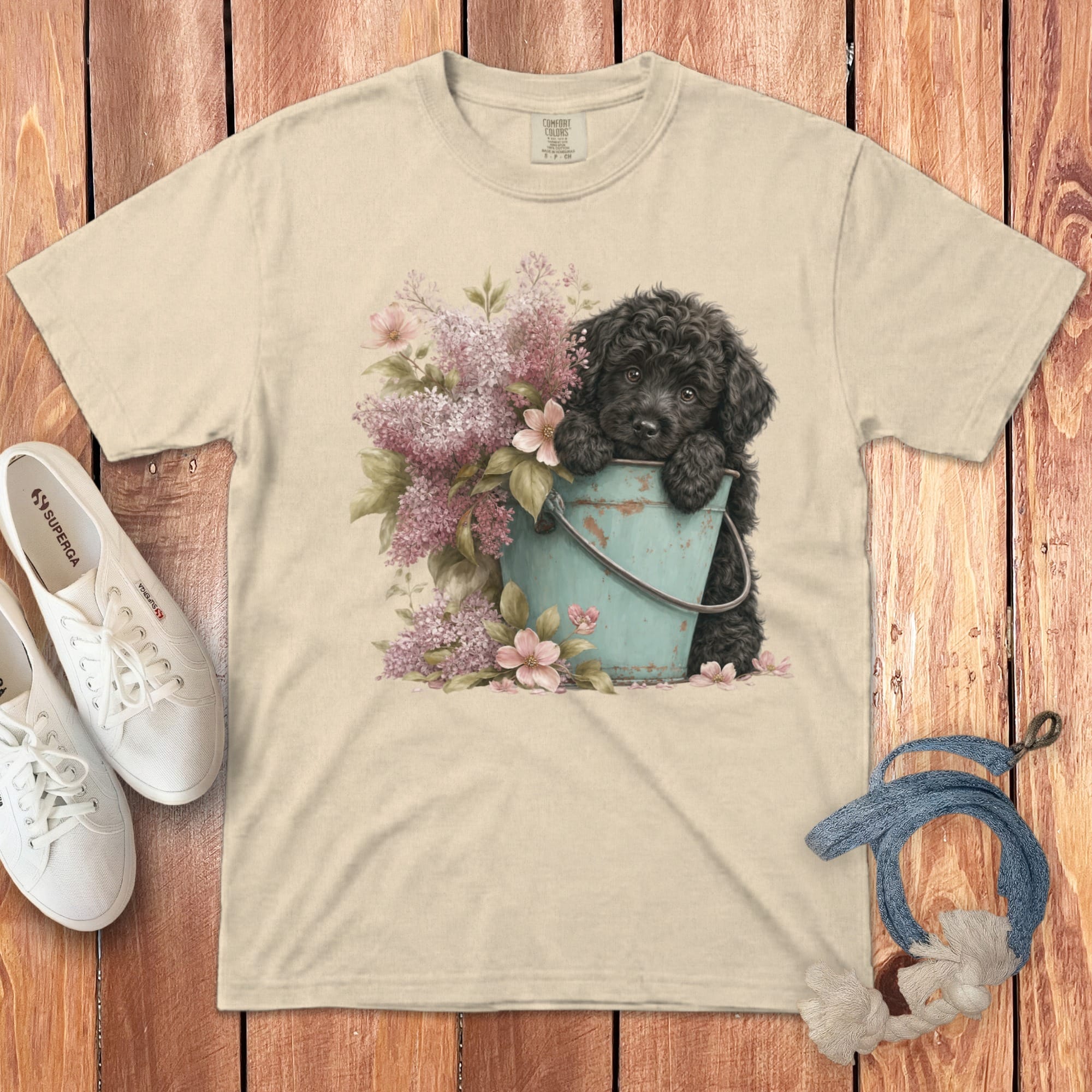 Black Doodle Lilacs Signature T-Shirt in Ivory / S by Puppy Jo