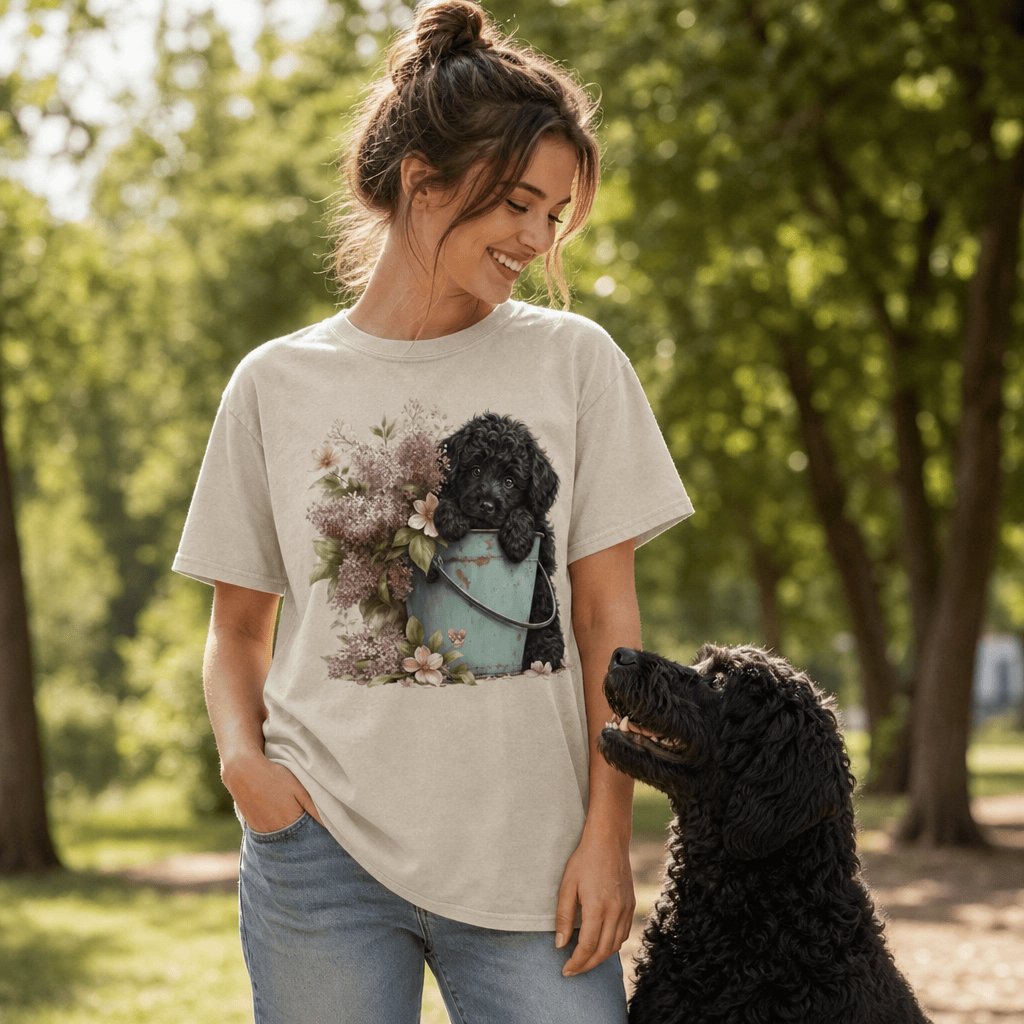 Black Doodle Lilacs Signature T-Shirt in by Puppy Jo