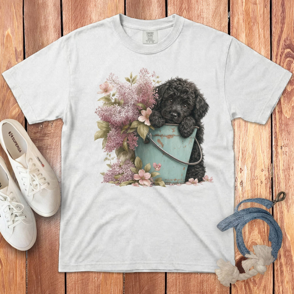 Black Doodle Lilacs Signature T-Shirt in White / S by Puppy Jo