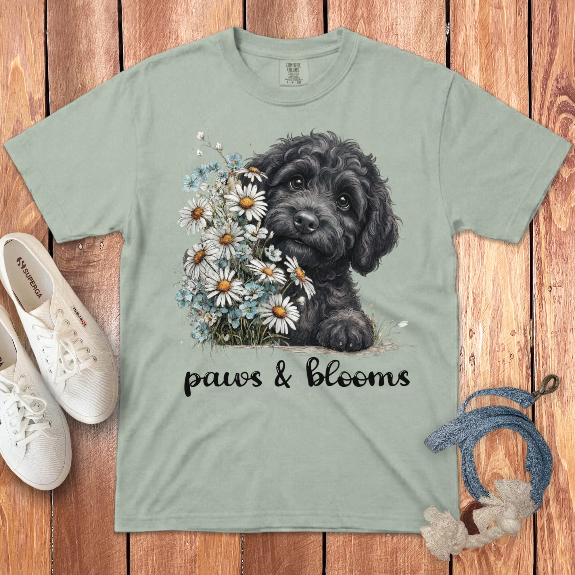 Black Doodle Paws Blooms Signature T-Shirt in Bay / S by Puppy Jo
