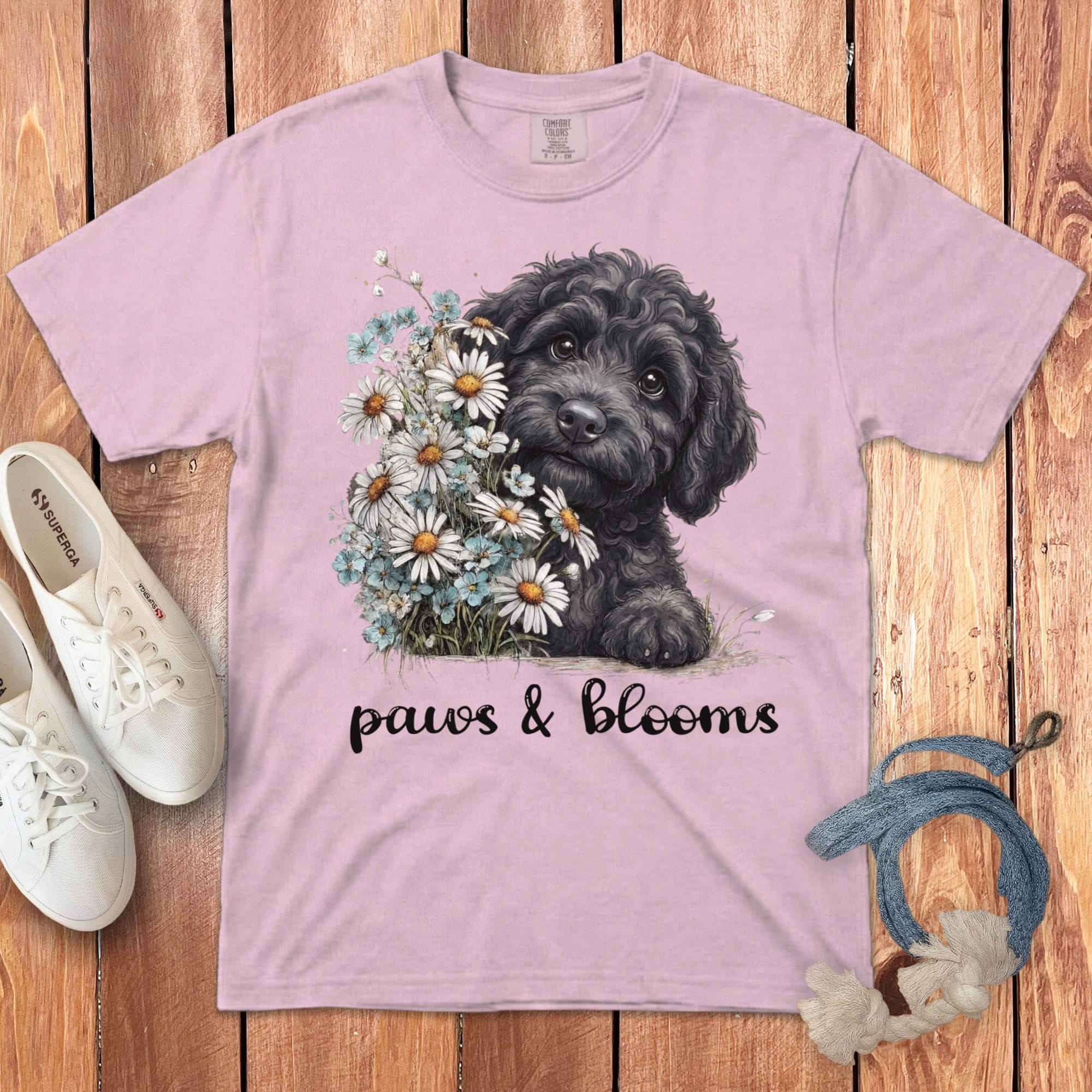 Black Doodle Paws Blooms Signature T-Shirt in Blossom / S by Puppy Jo