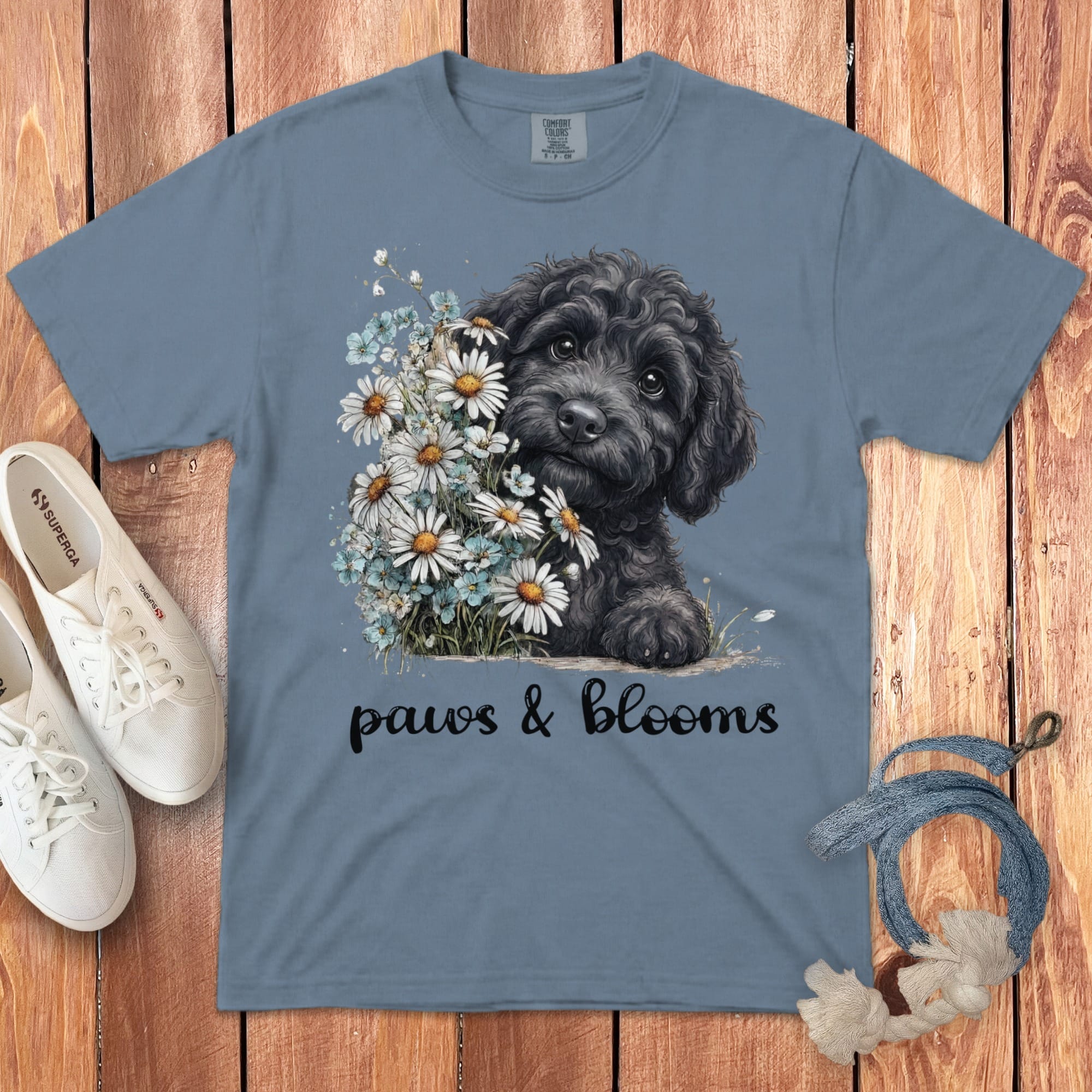 Black Doodle Paws Blooms Signature T-Shirt in Blue Jean / S by Puppy Jo