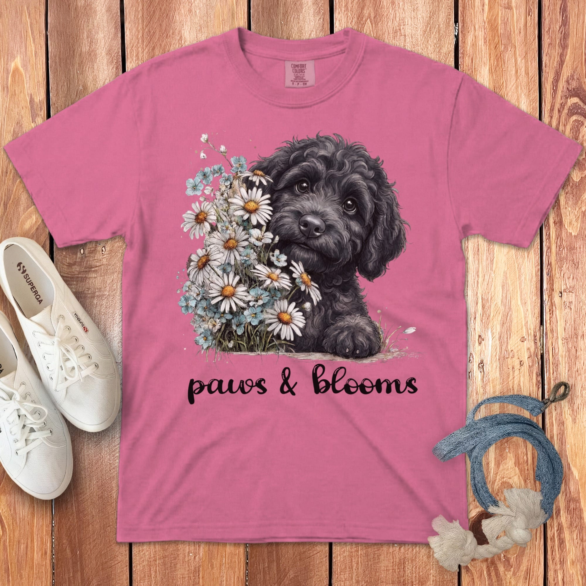 Black Doodle Paws Blooms Signature T-Shirt in Crunchberry / S by Puppy Jo