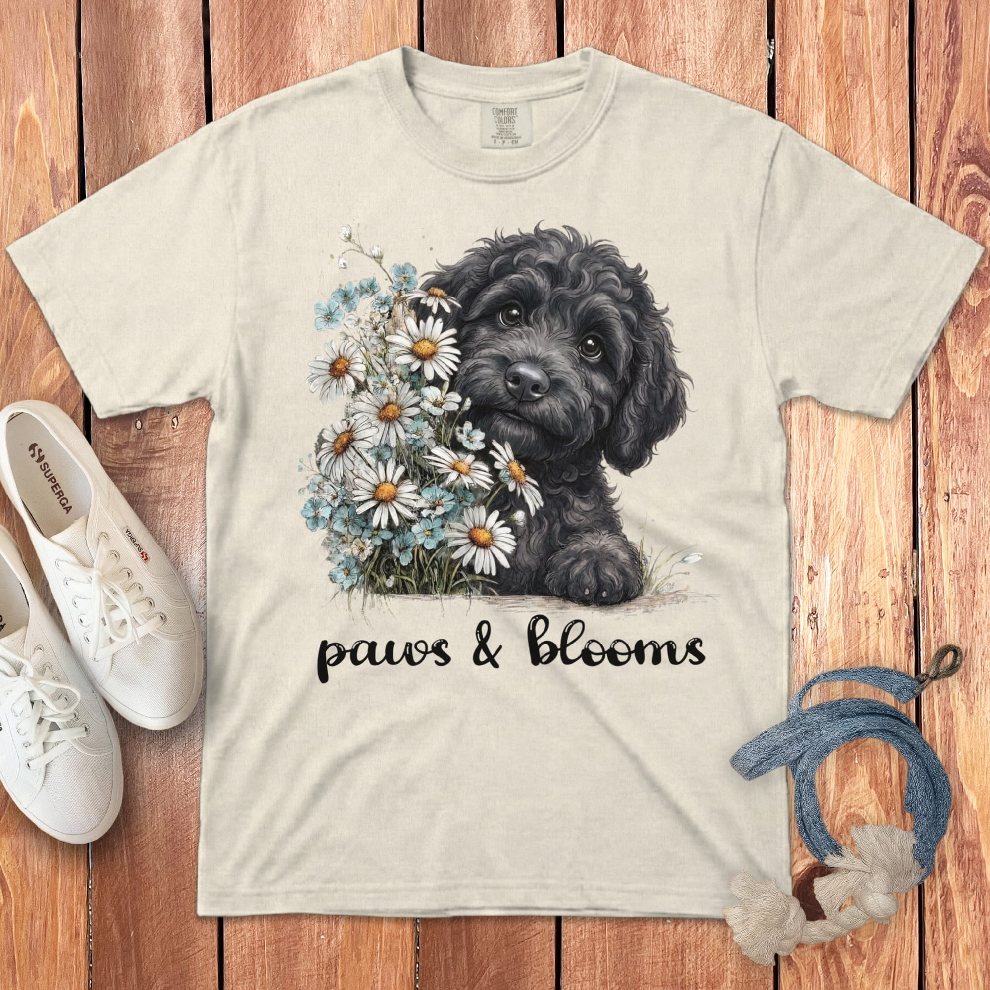 Black Doodle Paws Blooms Signature T-Shirt in Ivory / S by Puppy Jo