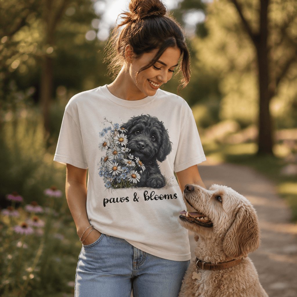 Black Doodle Paws Blooms Signature T-Shirt in by Puppy Jo