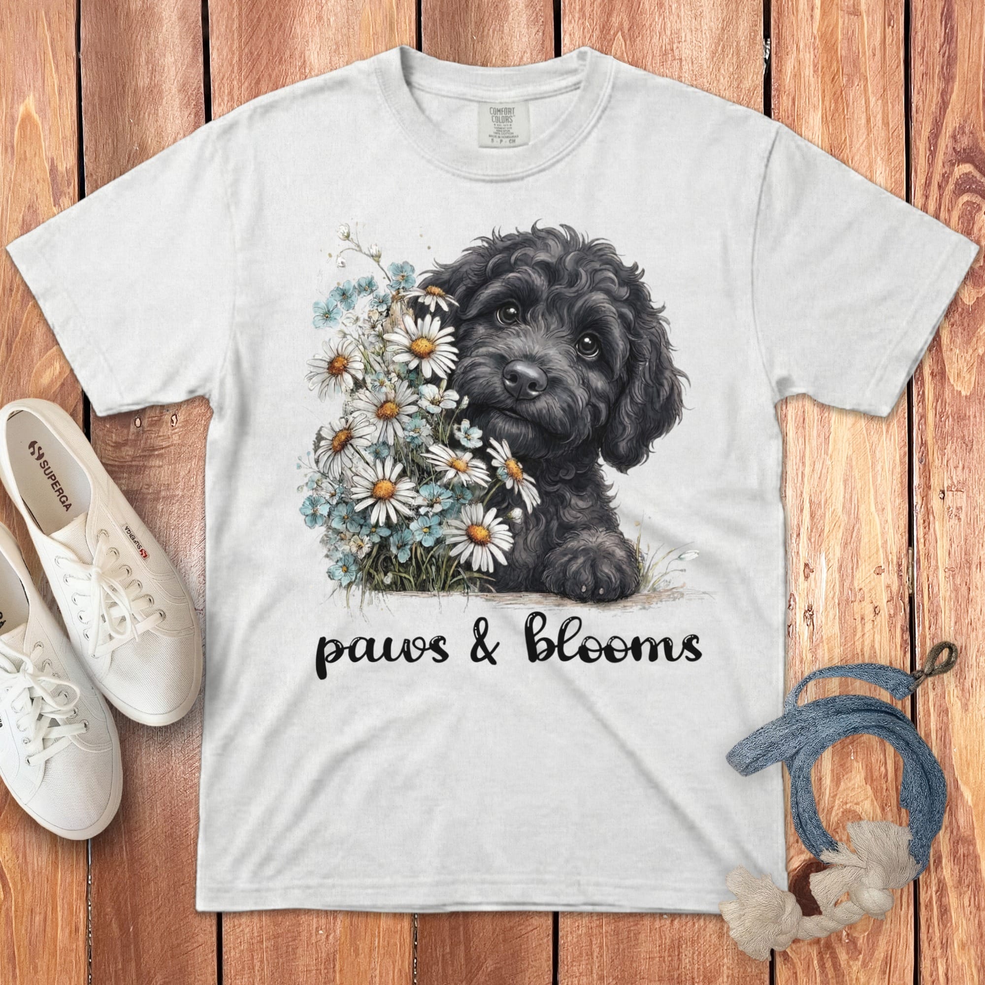 Black Doodle Paws Blooms Signature T-Shirt in White / S by Puppy Jo