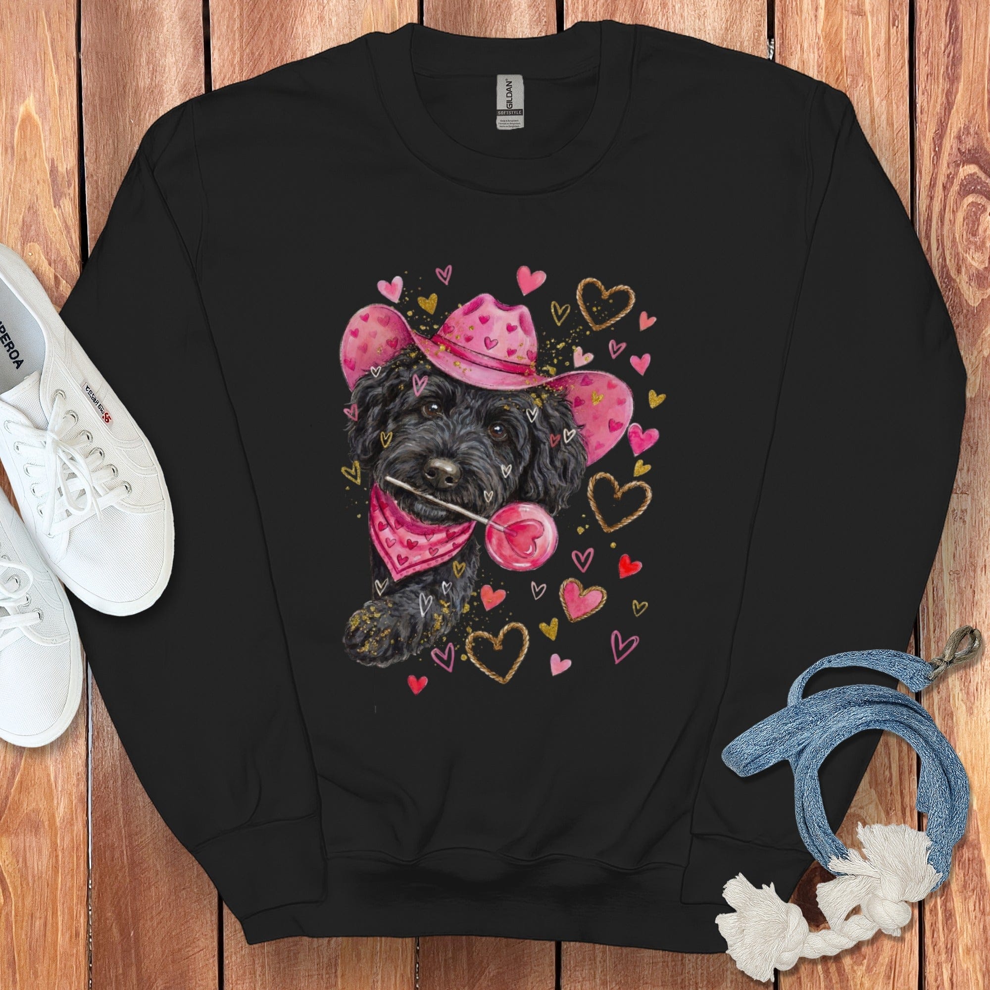 Black Doodle Valentine Cowboy Sweatshirt in Black / S by Puppy Jo