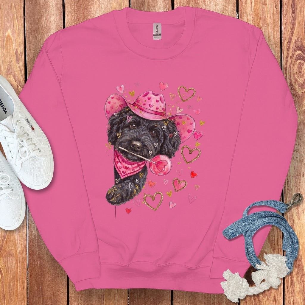 Black Doodle Valentine Cowboy Sweatshirt in Heliconia / S by Puppy Jo