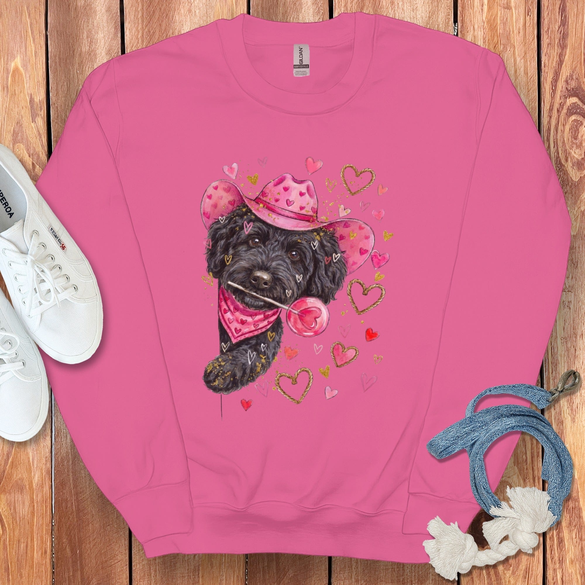 Black Doodle Valentine Cowboy Sweatshirt in Heliconia / S by Puppy Jo