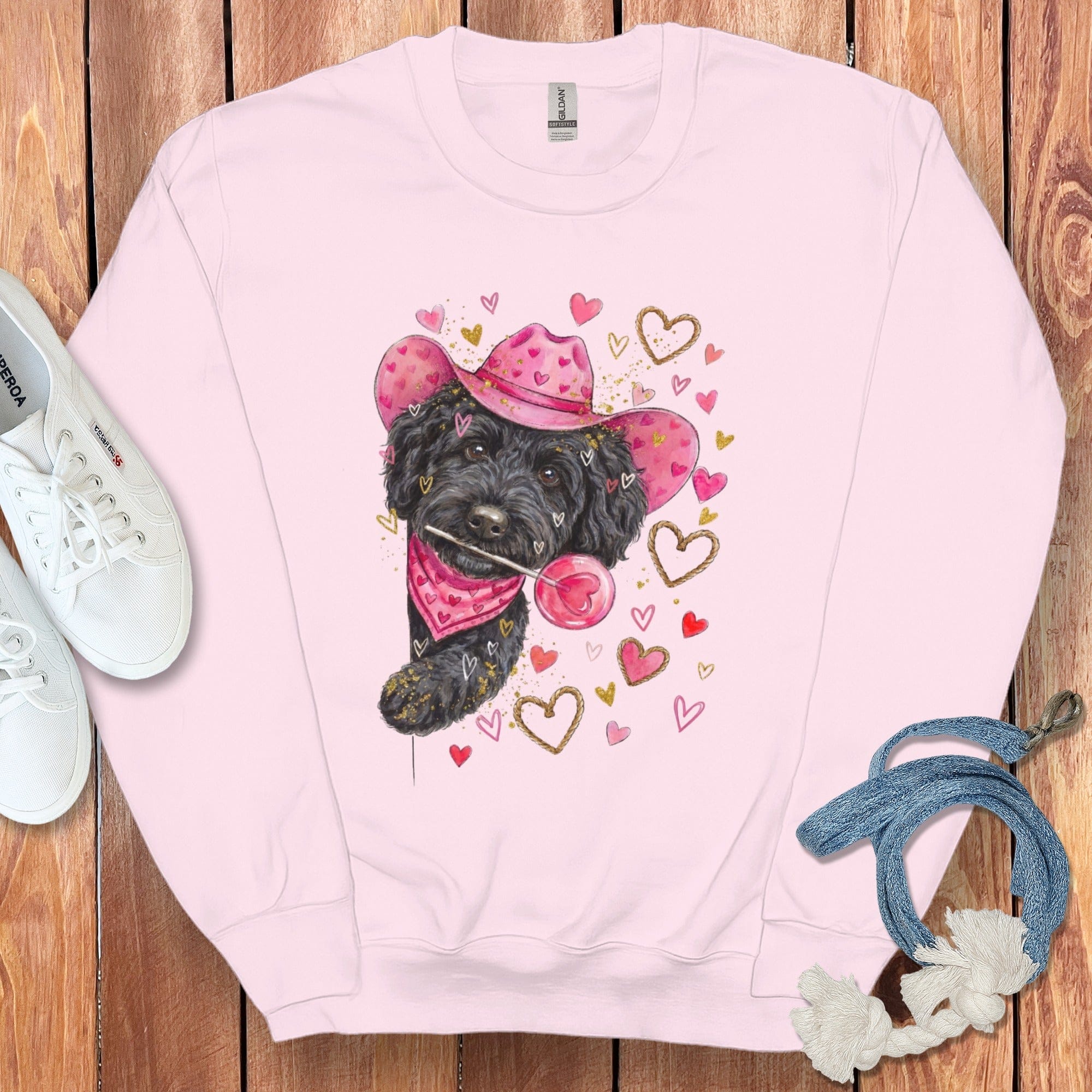 Black Doodle Valentine Cowboy Sweatshirt in Light Pink / S by Puppy Jo
