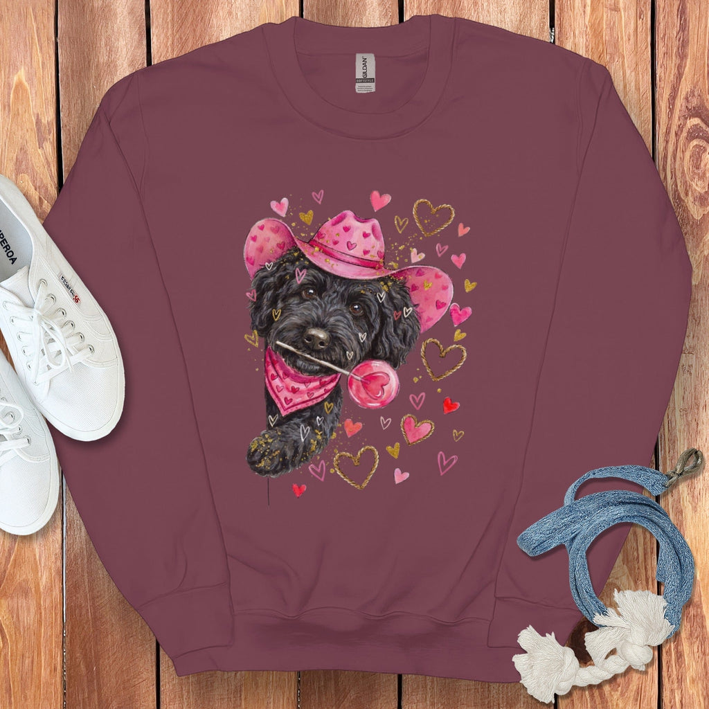 Black Doodle Valentine Cowboy Sweatshirt in Maroon / S by Puppy Jo