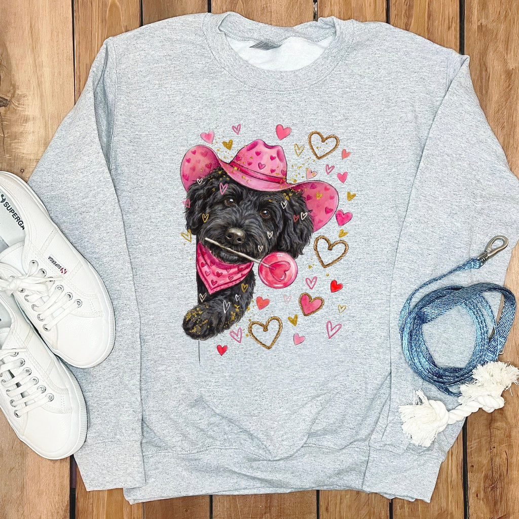 Black Doodle Valentine Cowboy Sweatshirt in Sport Grey / S by Puppy Jo
