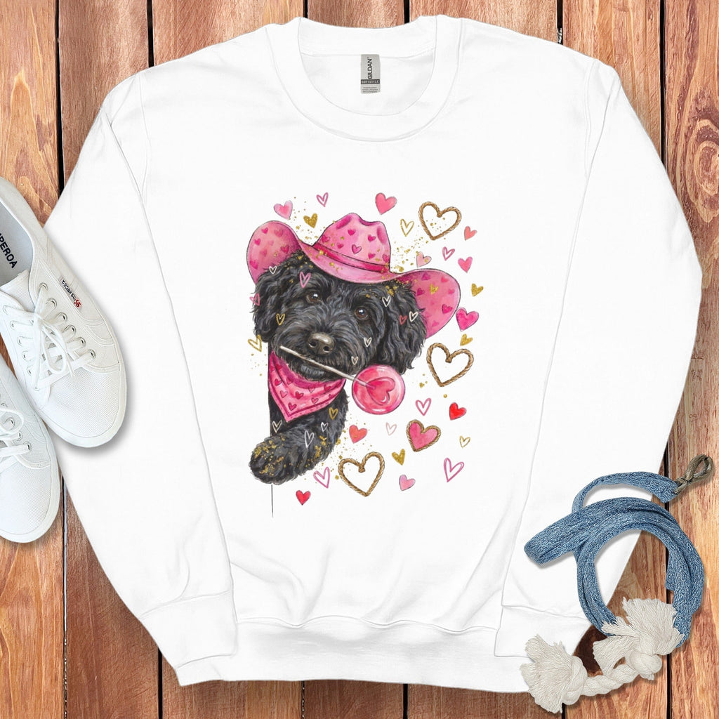 Black Doodle Valentine Cowboy Sweatshirt in White / S by Puppy Jo