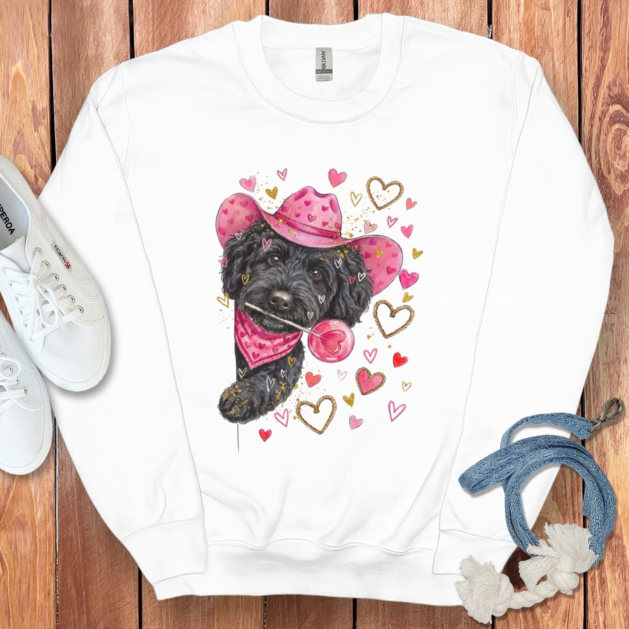Black Doodle Valentine Cowboy Sweatshirt in White / S by Puppy Jo