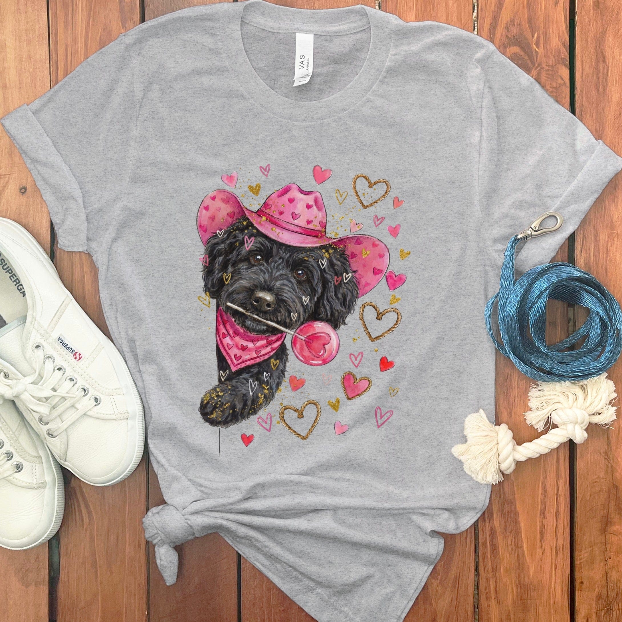 Black Doodle Valentine Cowboy T-Shirt in Athletic Heather / S by Puppy Jo