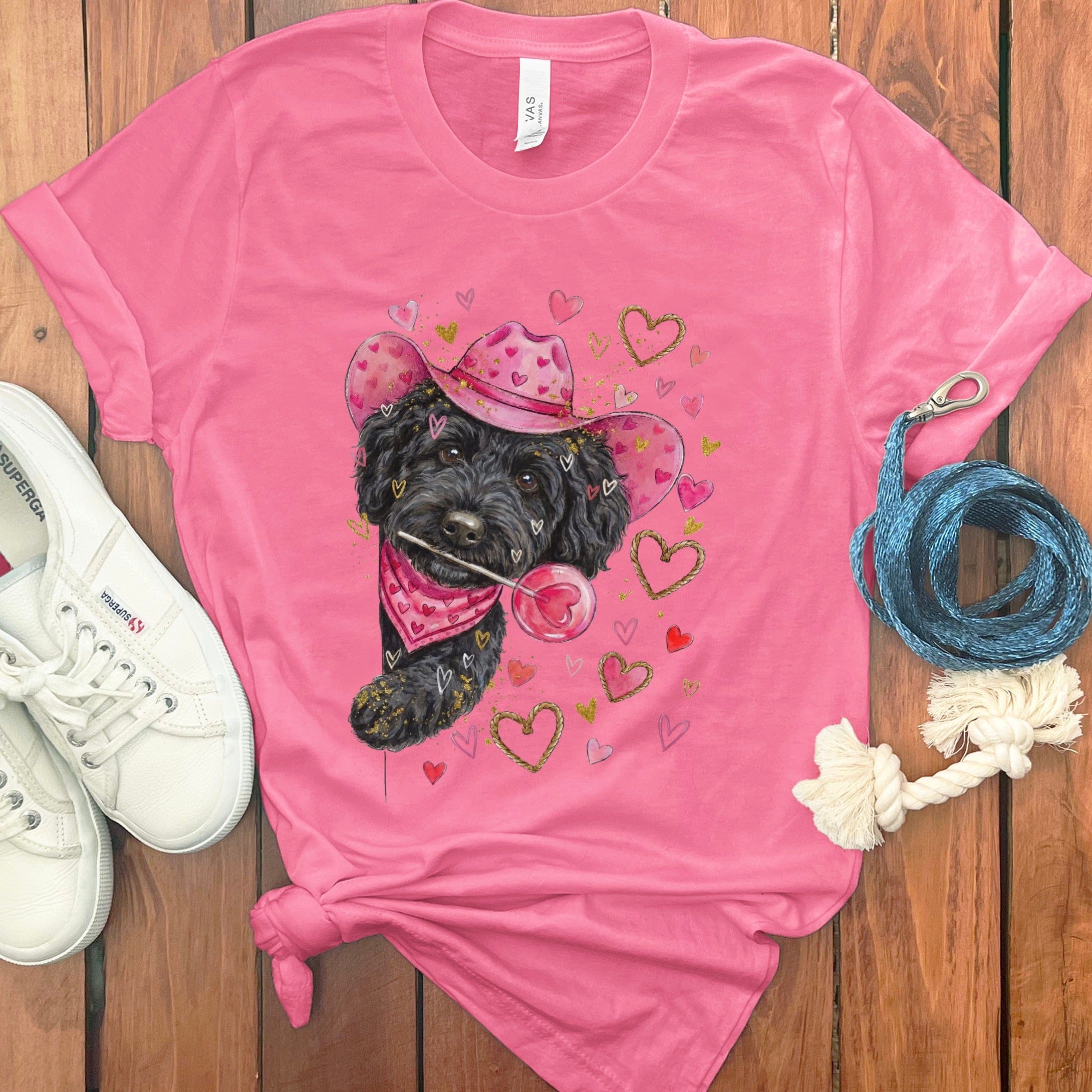 Black Doodle Valentine Cowboy T-Shirt in Charity Pink / S by Puppy Jo