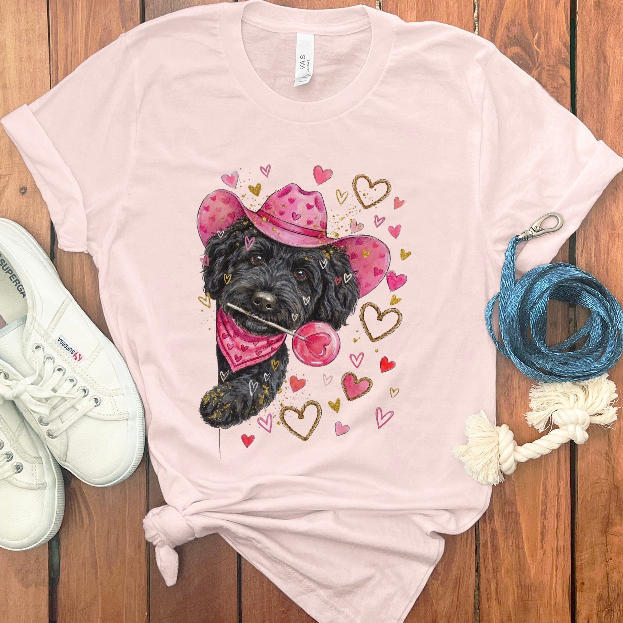 Black Doodle Valentine Cowboy T-Shirt in Soft Pink / S by Puppy Jo
