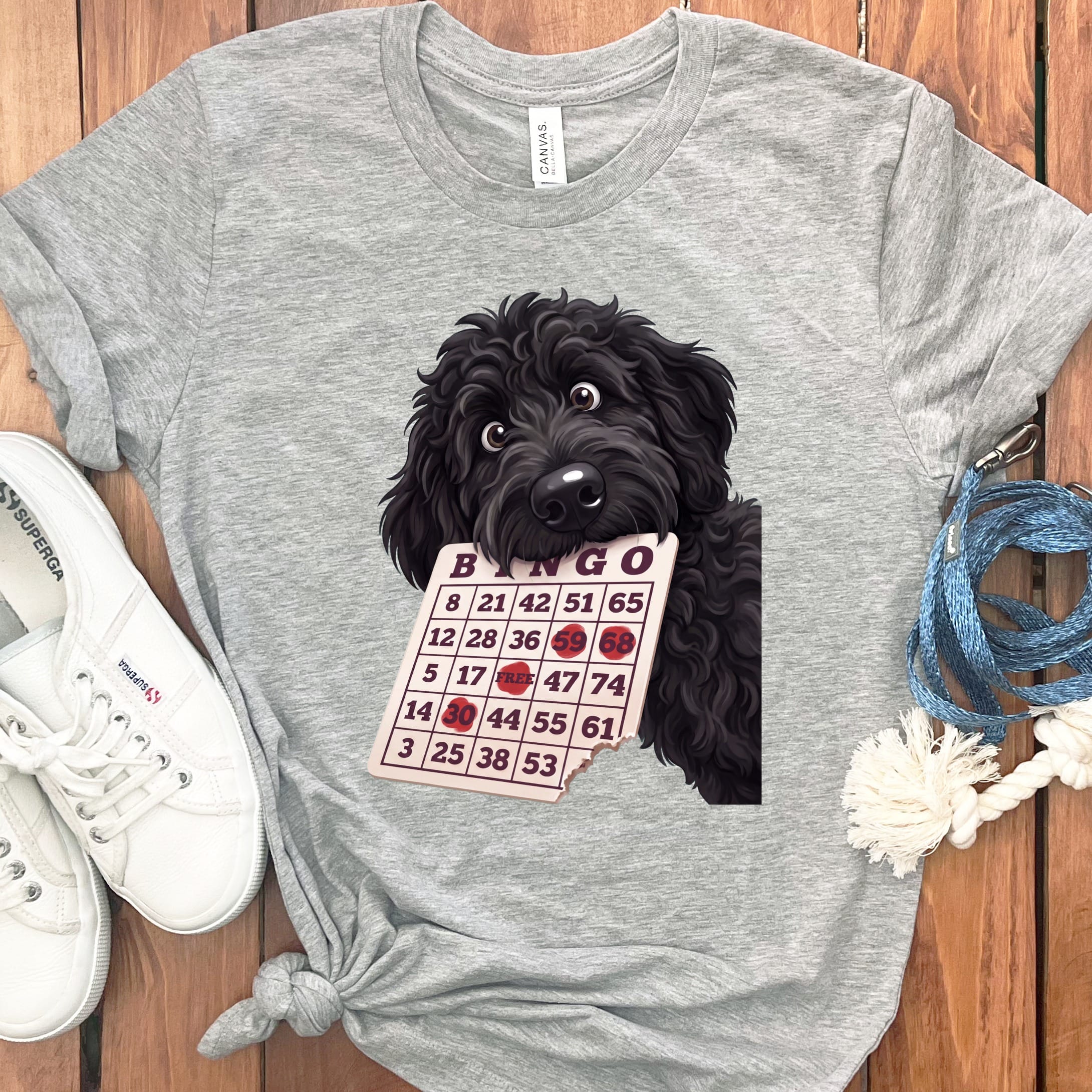 Black Goldendoodle Bingo T-Shirt in Athletic Heather / S by Puppy Jo