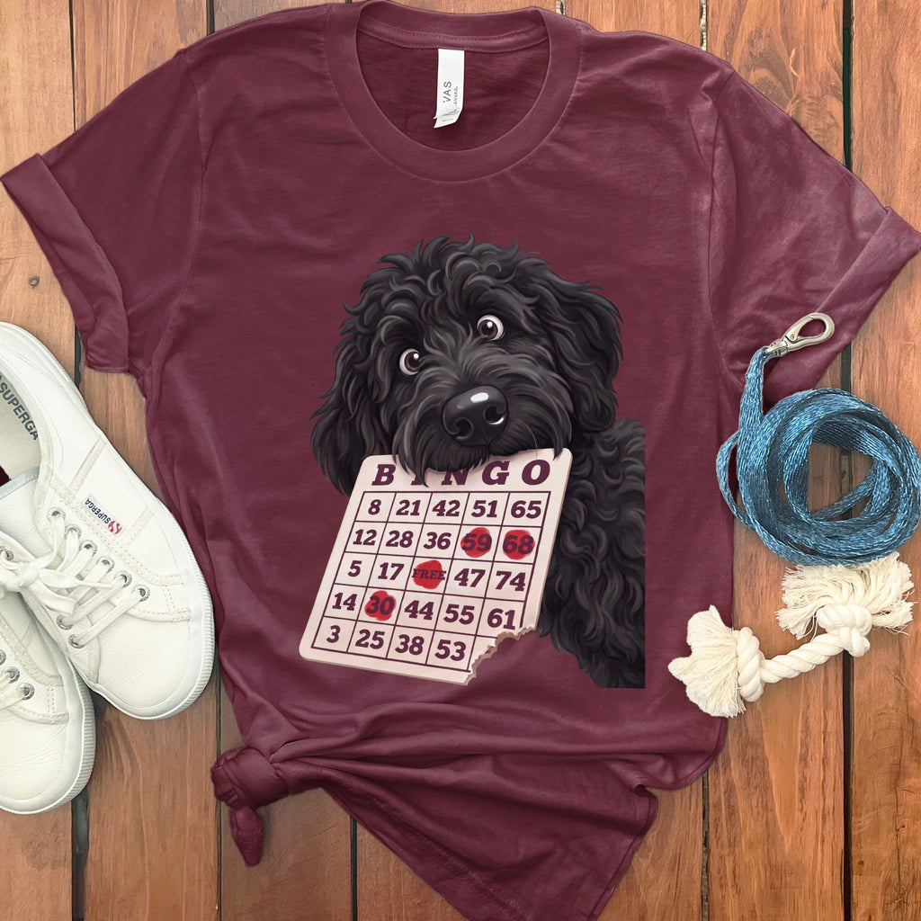 Black Goldendoodle Bingo T-Shirt in Maroon / S by Puppy Jo