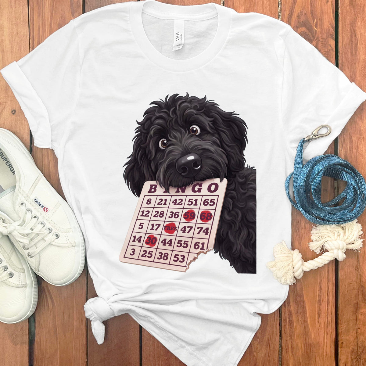 Black Goldendoodle Bingo T-Shirt in White / S by Puppy Jo