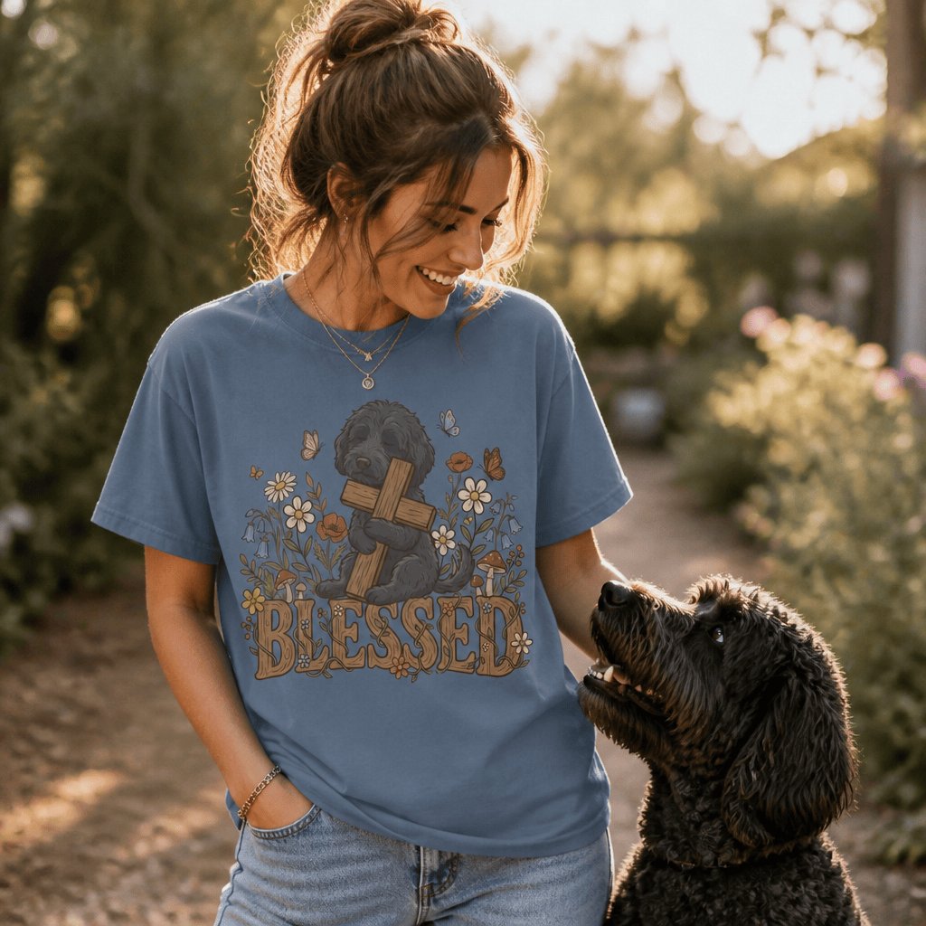 Black Goldendoodle Blessed Signature T-Shirt in by Puppy Jo