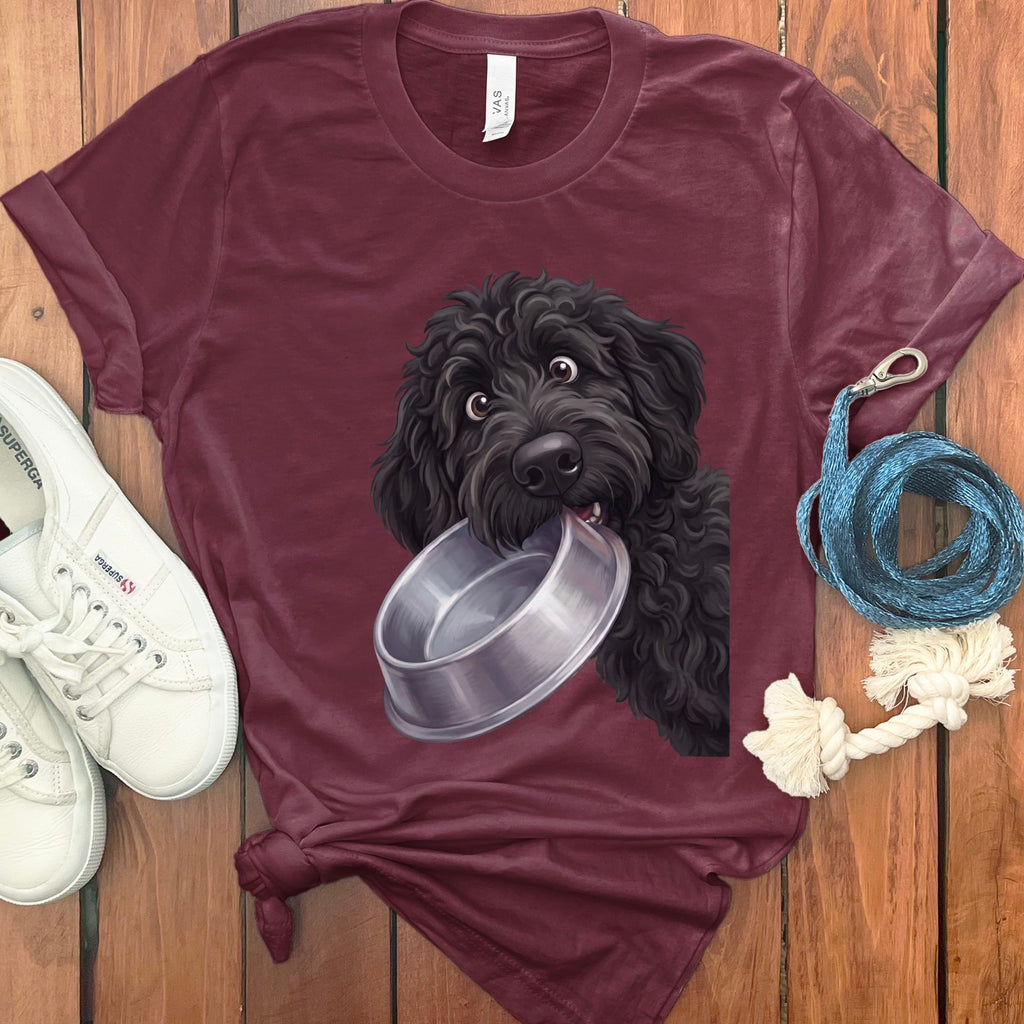 Black Goldendoodle Bowl T-Shirt in Maroon / S by Puppy Jo