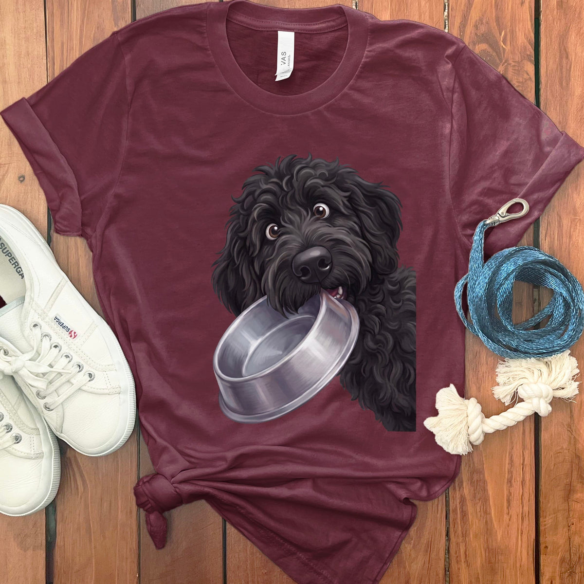 Black Goldendoodle Bowl T-Shirt in Maroon / S by Puppy Jo