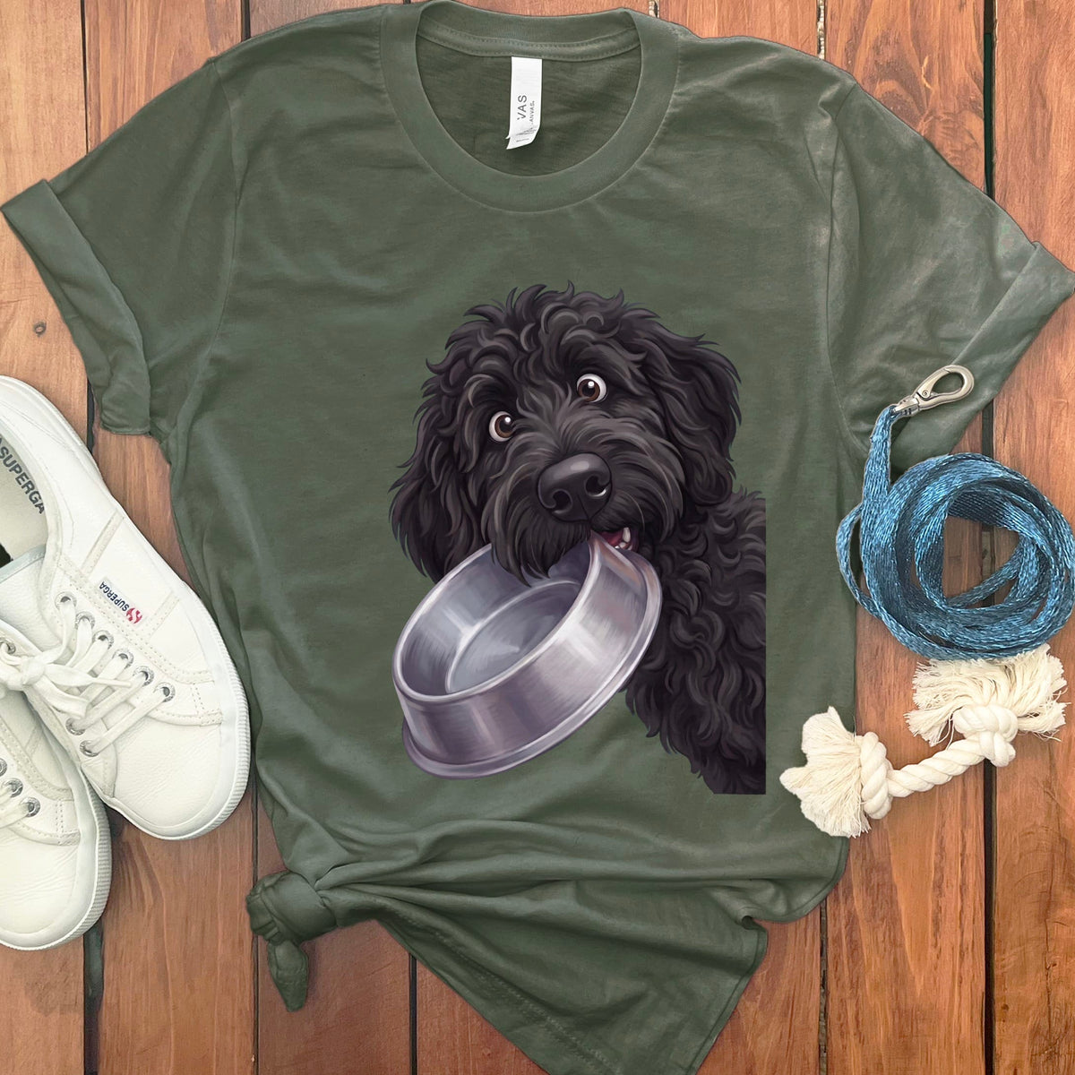 Black Goldendoodle Bowl T-Shirt in Military Green / S by Puppy Jo