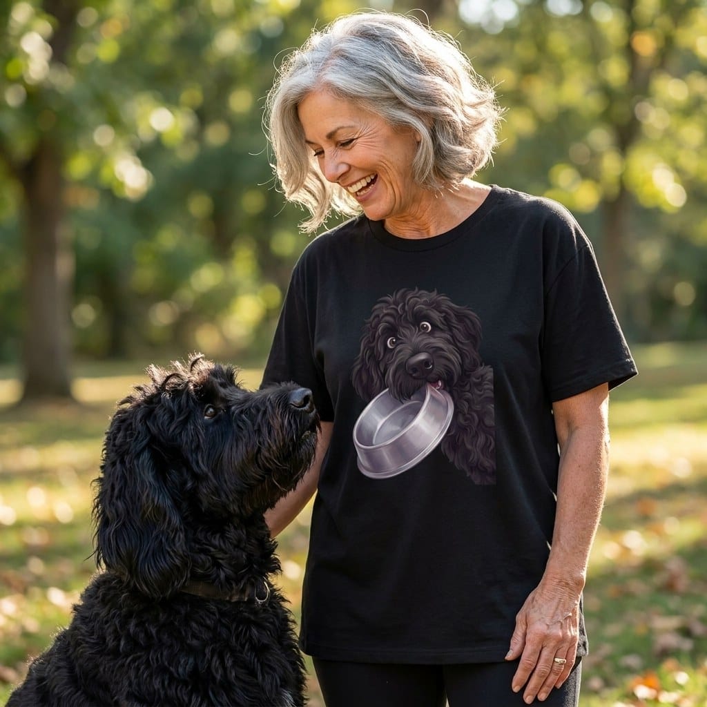 Black Goldendoodle Bowl T-Shirt in by Puppy Jo