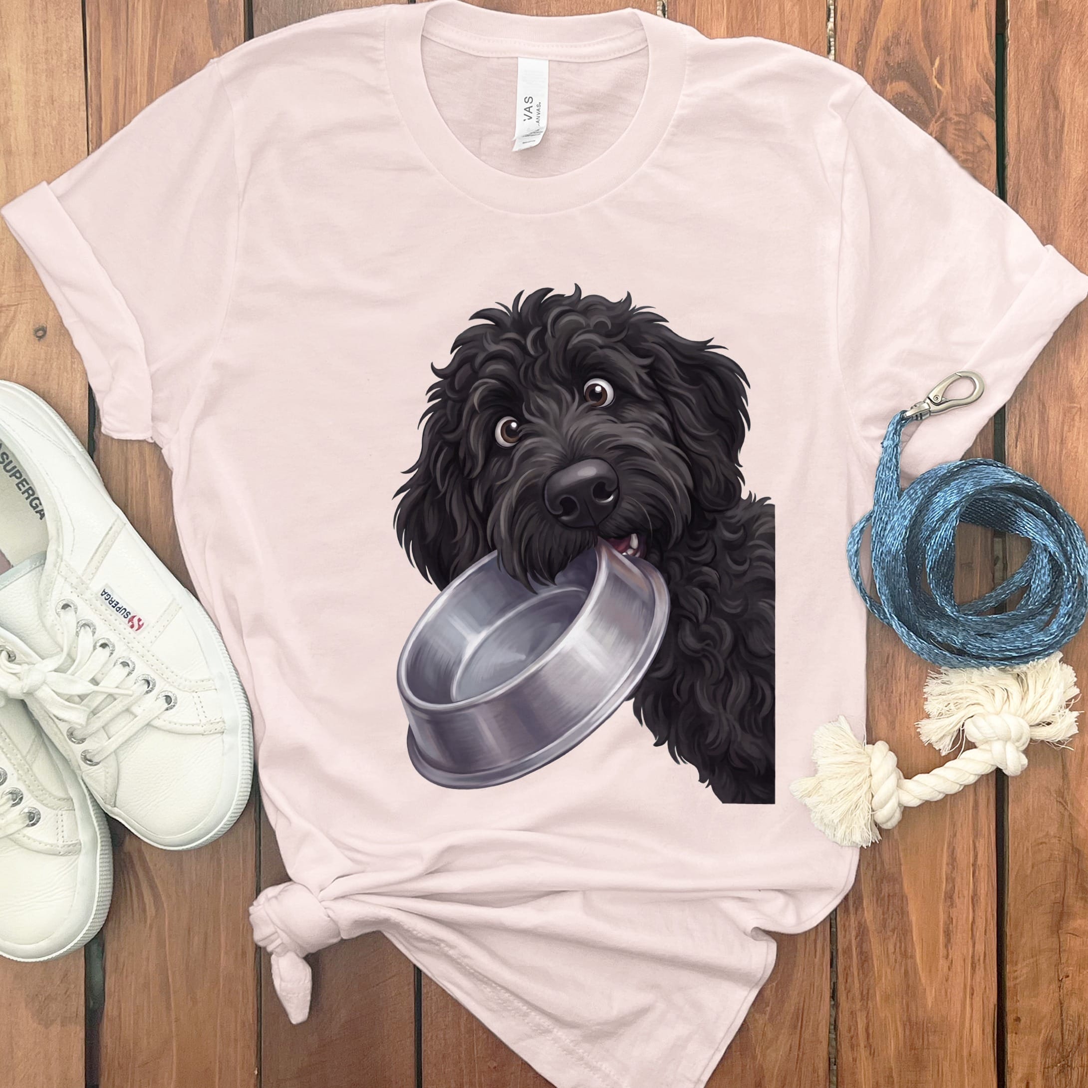 Black Goldendoodle Bowl T-Shirt in Soft Pink / S by Puppy Jo
