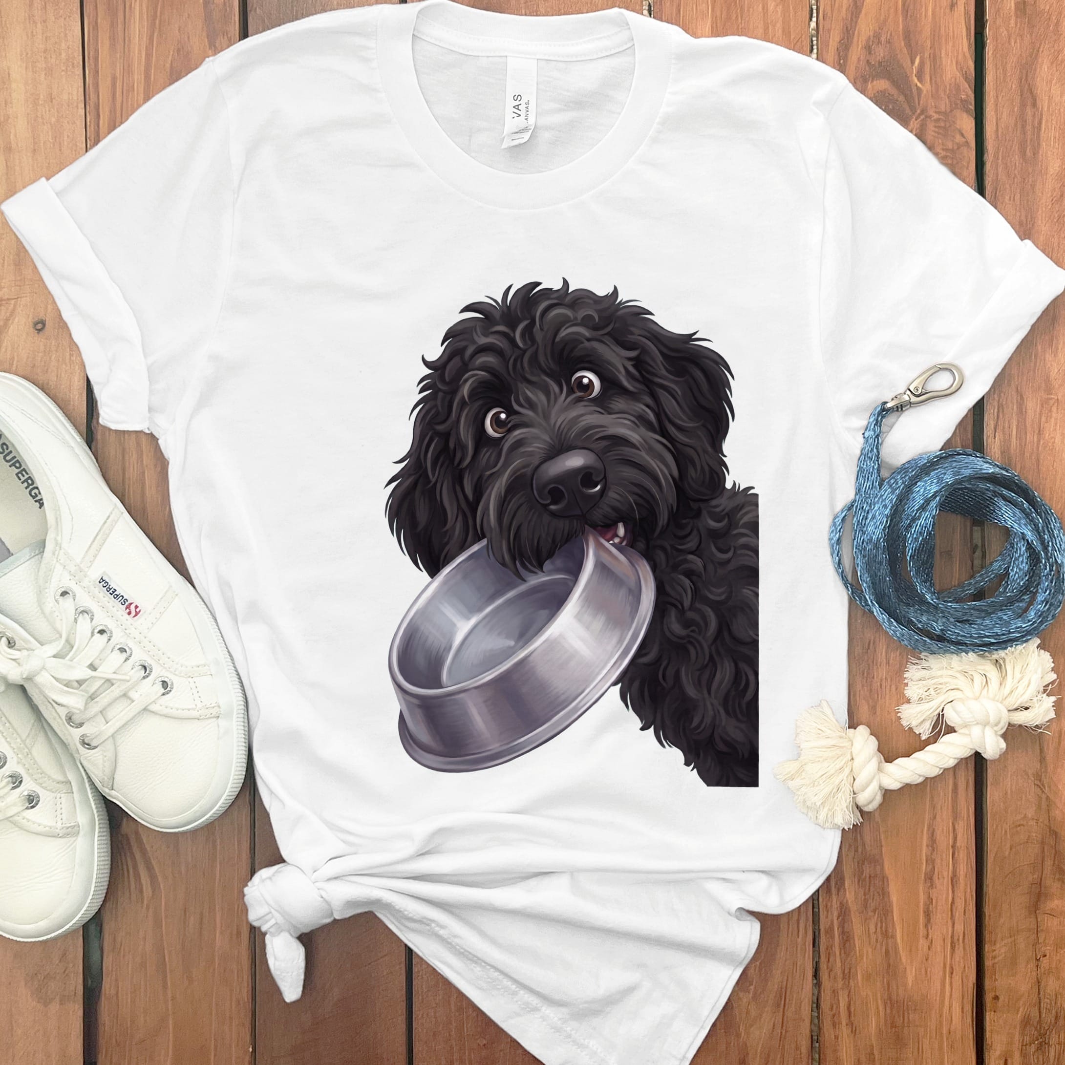 Black Goldendoodle Bowl T-Shirt in White / S by Puppy Jo
