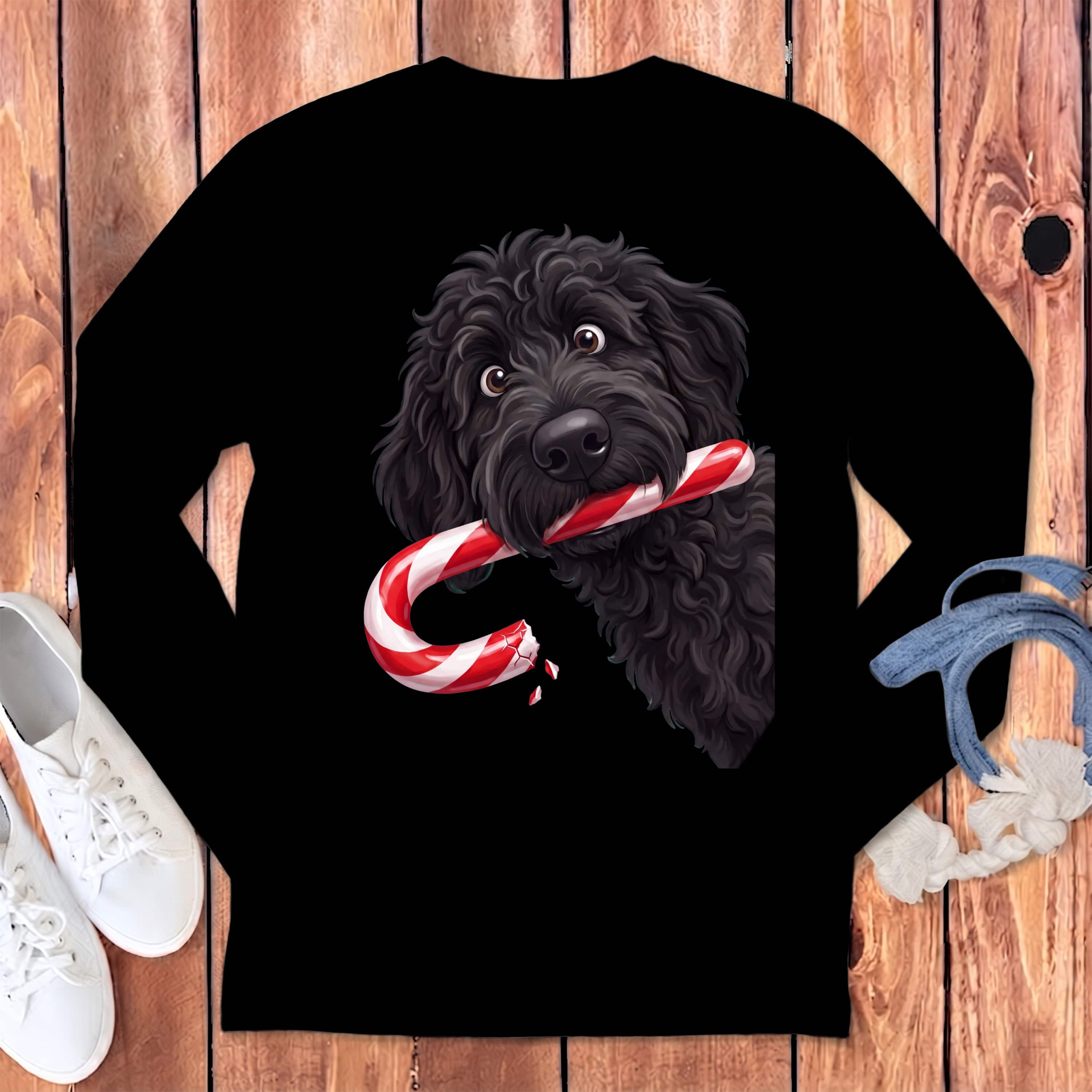 Black Goldendoodle Candy Cane Thief Long Sleeve T-Shirt in Black / S by Puppy Jo