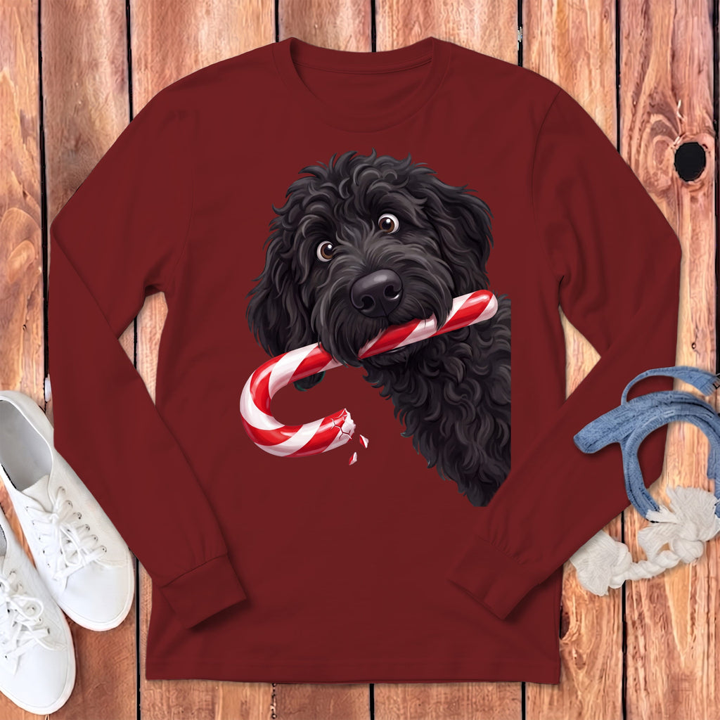 Black Goldendoodle Candy Cane Thief Long Sleeve T-Shirt in Cardinal / S by Puppy Jo