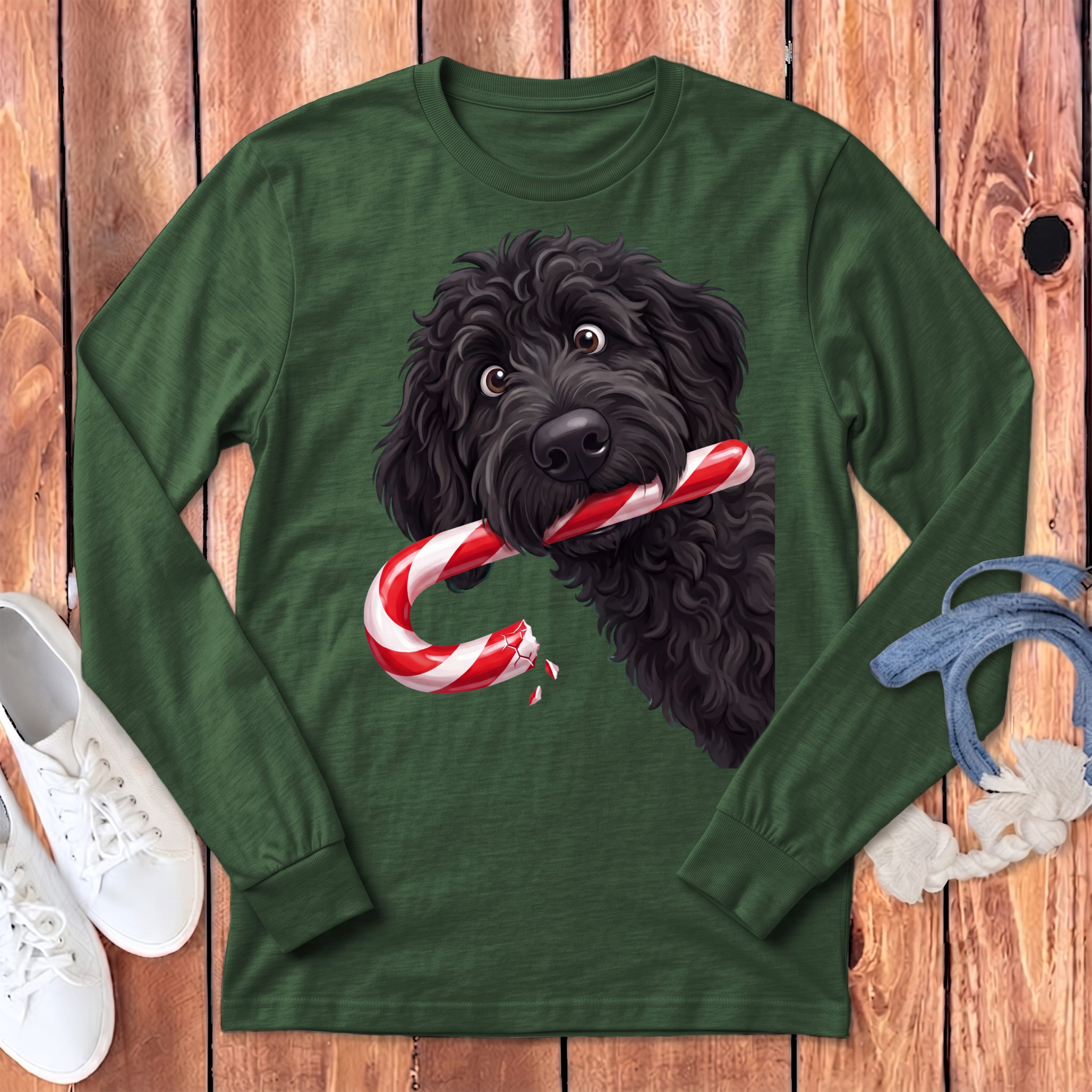 Black Goldendoodle Candy Cane Thief Long Sleeve T-Shirt in Heather Forest / S by Puppy Jo