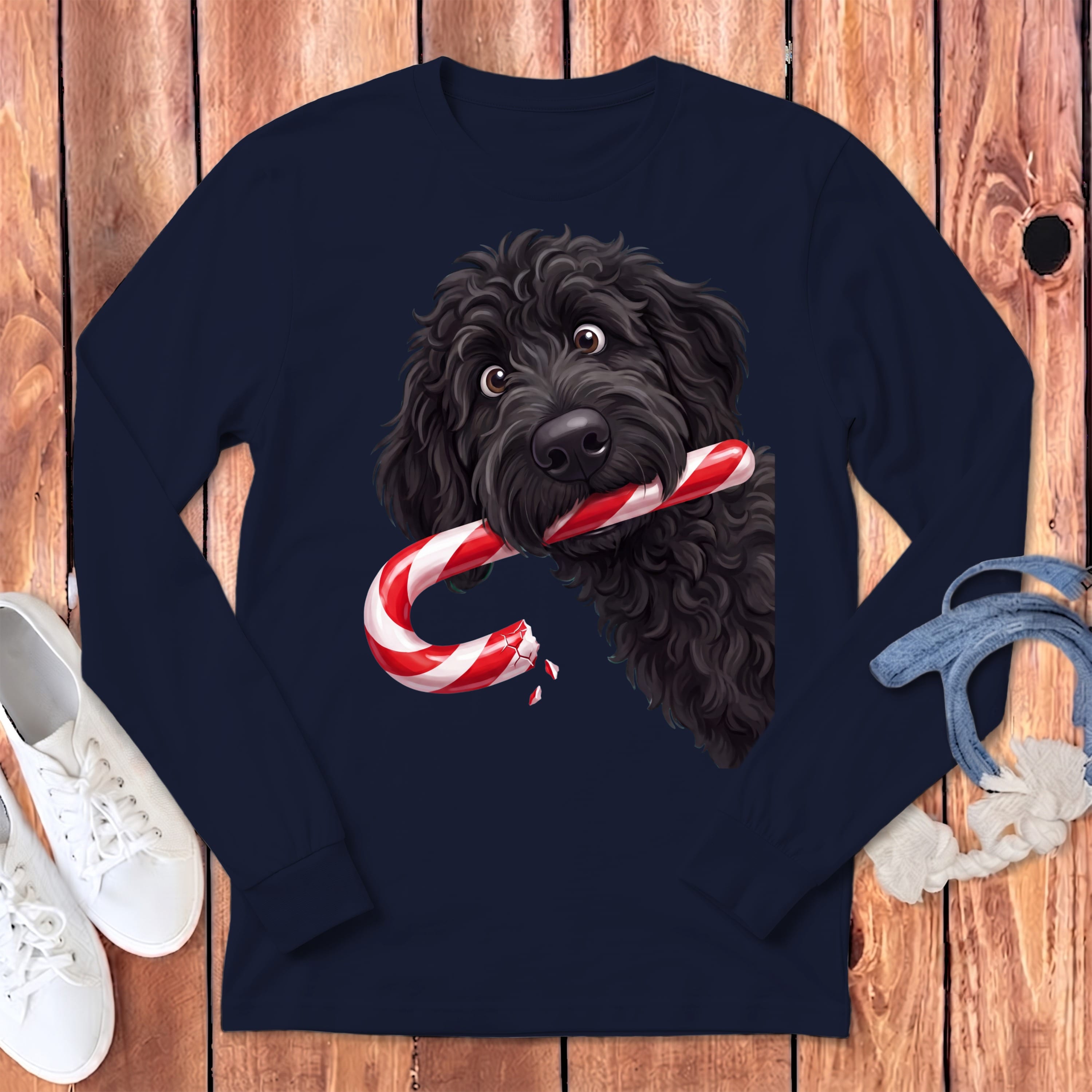 Black Goldendoodle Candy Cane Thief Long Sleeve T-Shirt in Navy / S by Puppy Jo