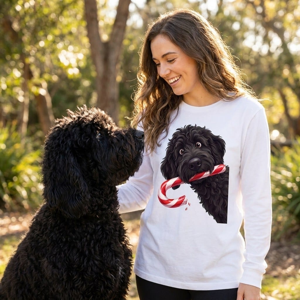 Black Goldendoodle Candy Cane Thief Long Sleeve T-Shirt in by Puppy Jo