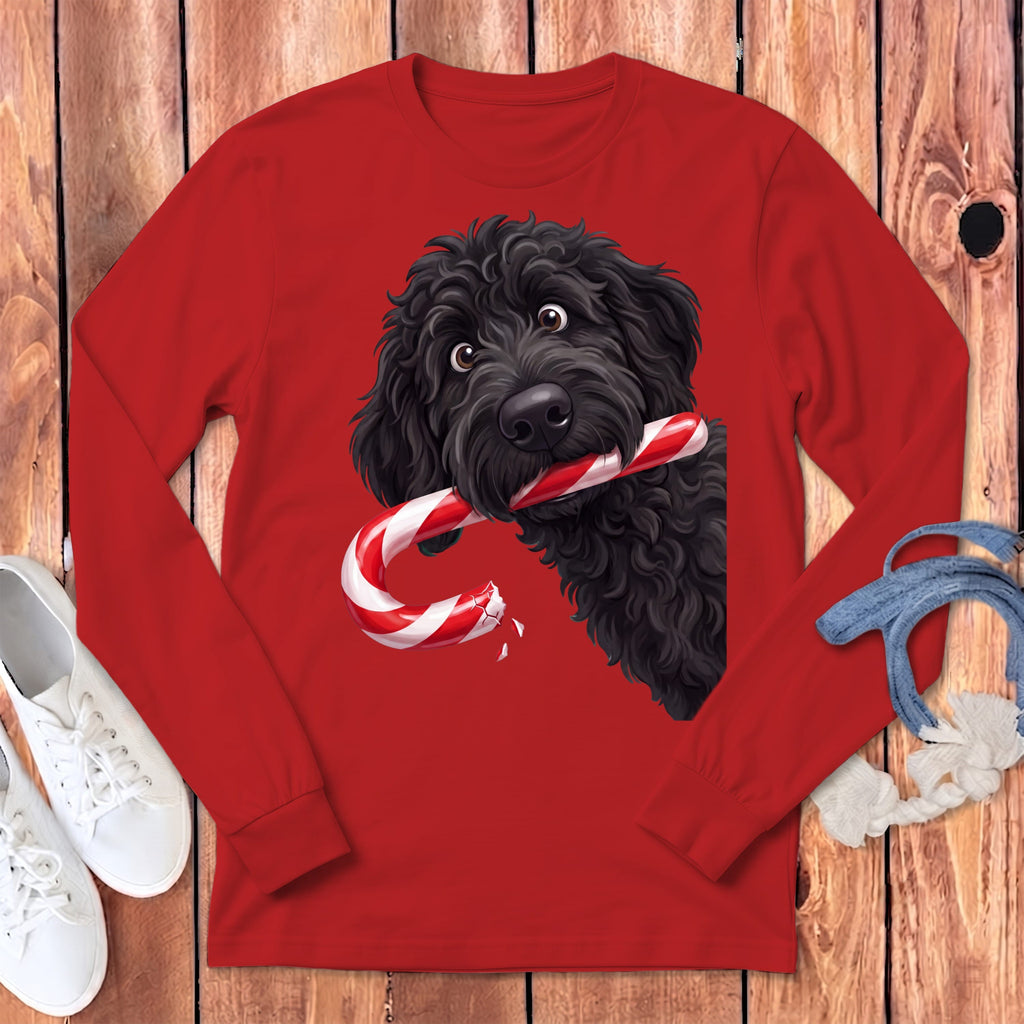 Black Goldendoodle Candy Cane Thief Long Sleeve T-Shirt in Red / S by Puppy Jo